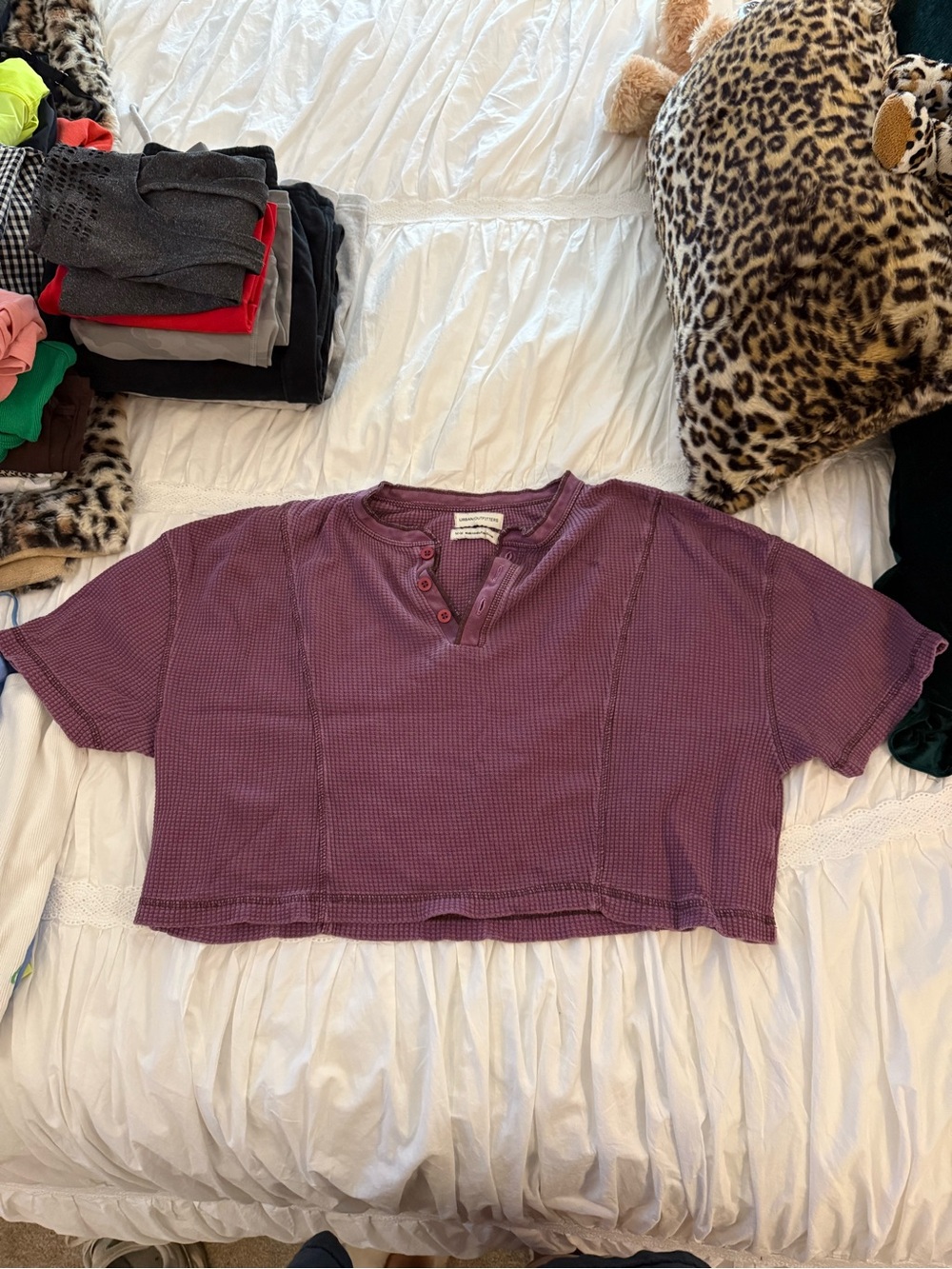 Urban Outfitters Waffle-Knit Cropped Henley Top - Plum